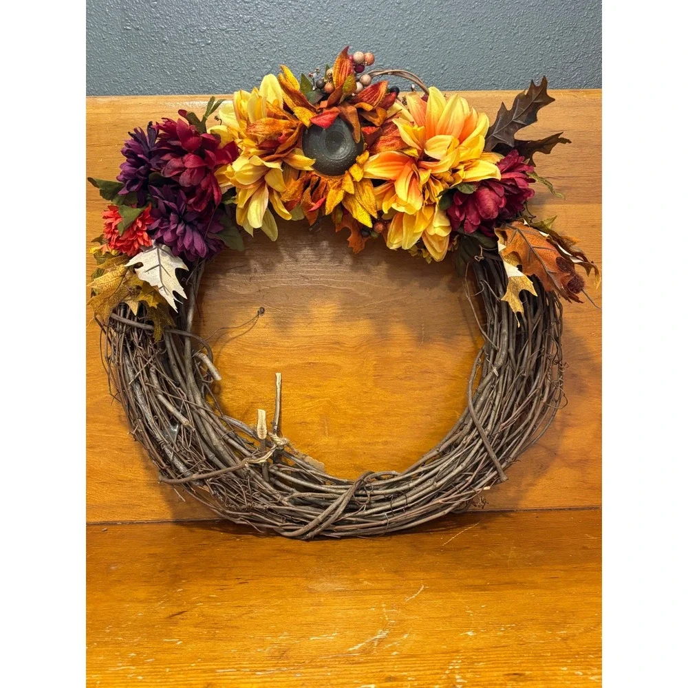 Fall Grapevine Wreath Faux Sunflower Dahlia Autumn Door Decor 18 Inch Rustic